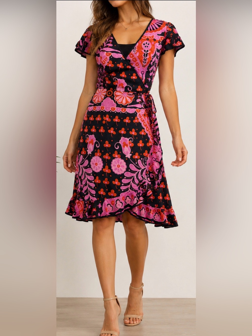 Betsey Johnson Vintage 100% Silk Floral Wrap Dress Pink Black Ruffle Hem Size 8.